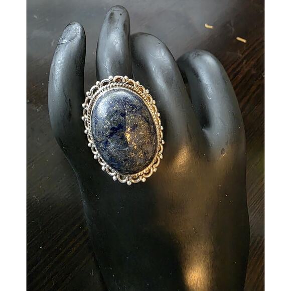 Vintage Lapis Lazuli Sterling Silver Ring | Size 8.5 | Boho Statement Jewelry - Picture 3 of 7